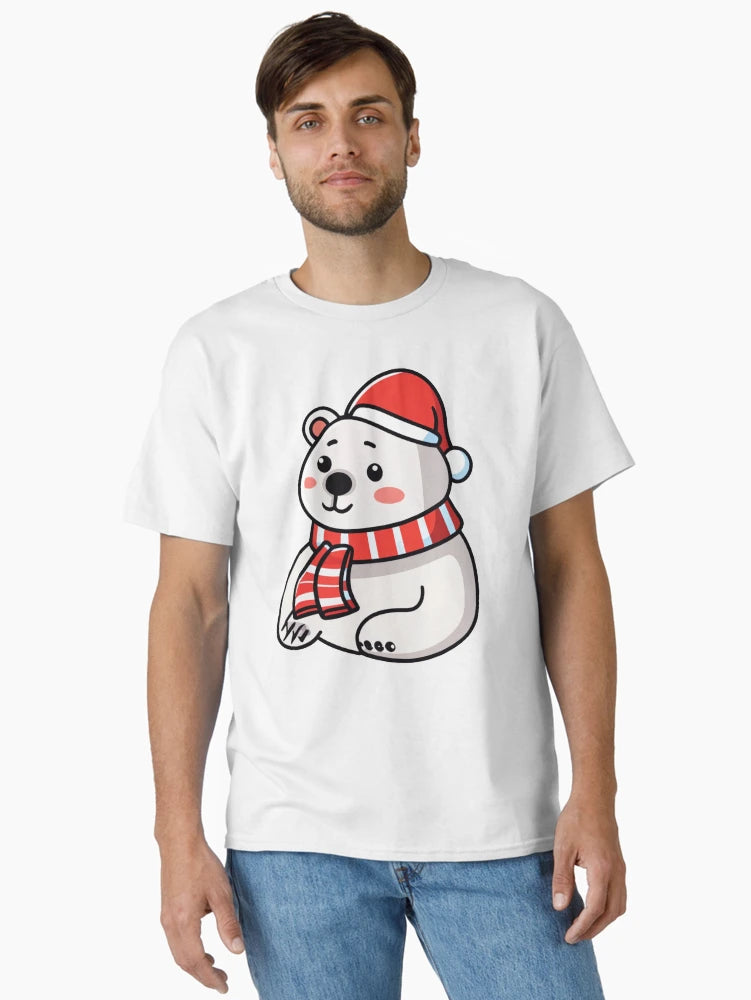 A cute polar bear wearing a Santa hat and scarf
