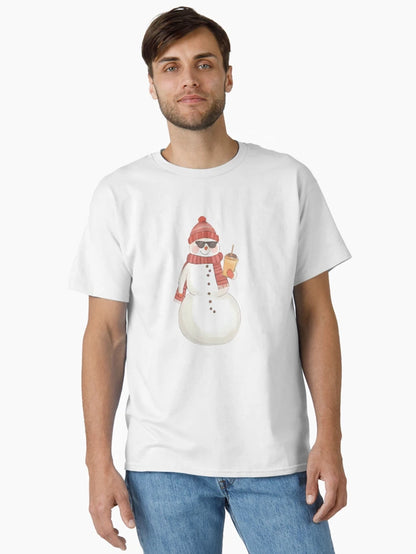 A cool snowman wearing sunglasses and holding a mug of hot cocoa, confident pose, cute sticker design, bold outline, transparent background, winter holiday theme