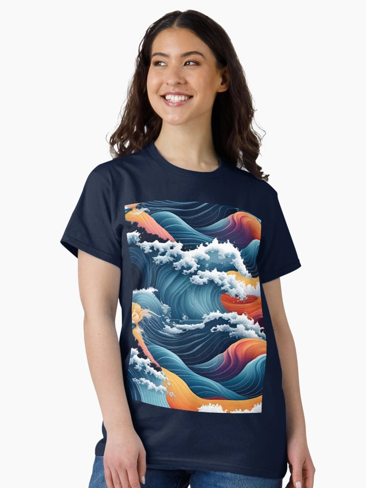 Aesthetic Textured Rainbow Fractal Wave Design with Sea Spray Accents