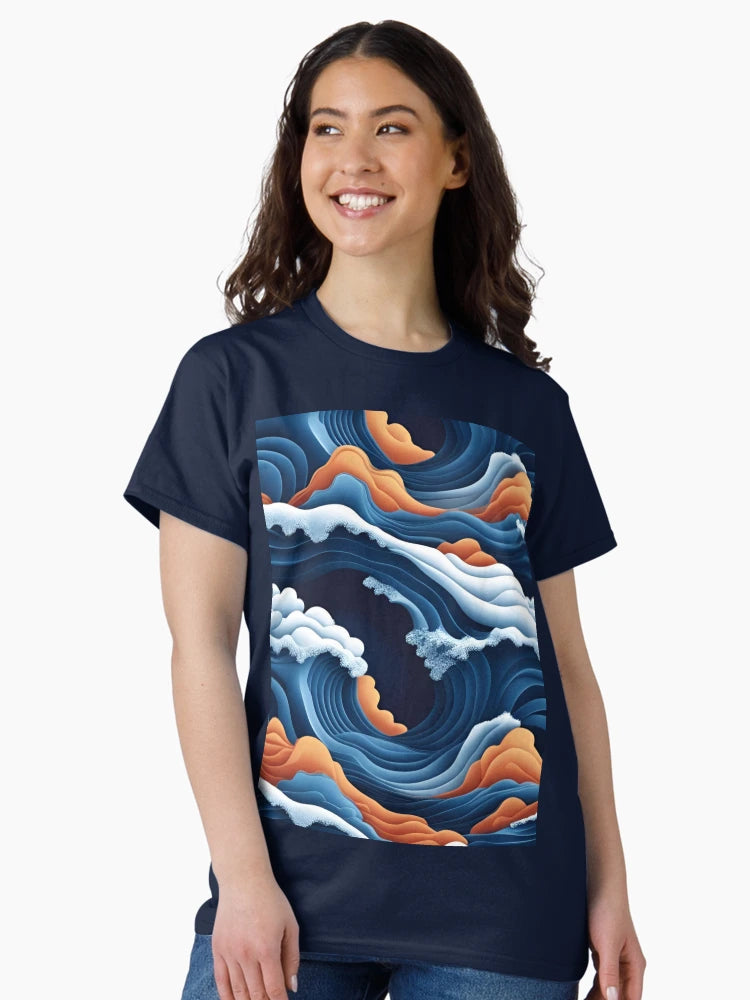 Aesthetic Textured Blue and Orange Wave Design with Sea Foam Accents