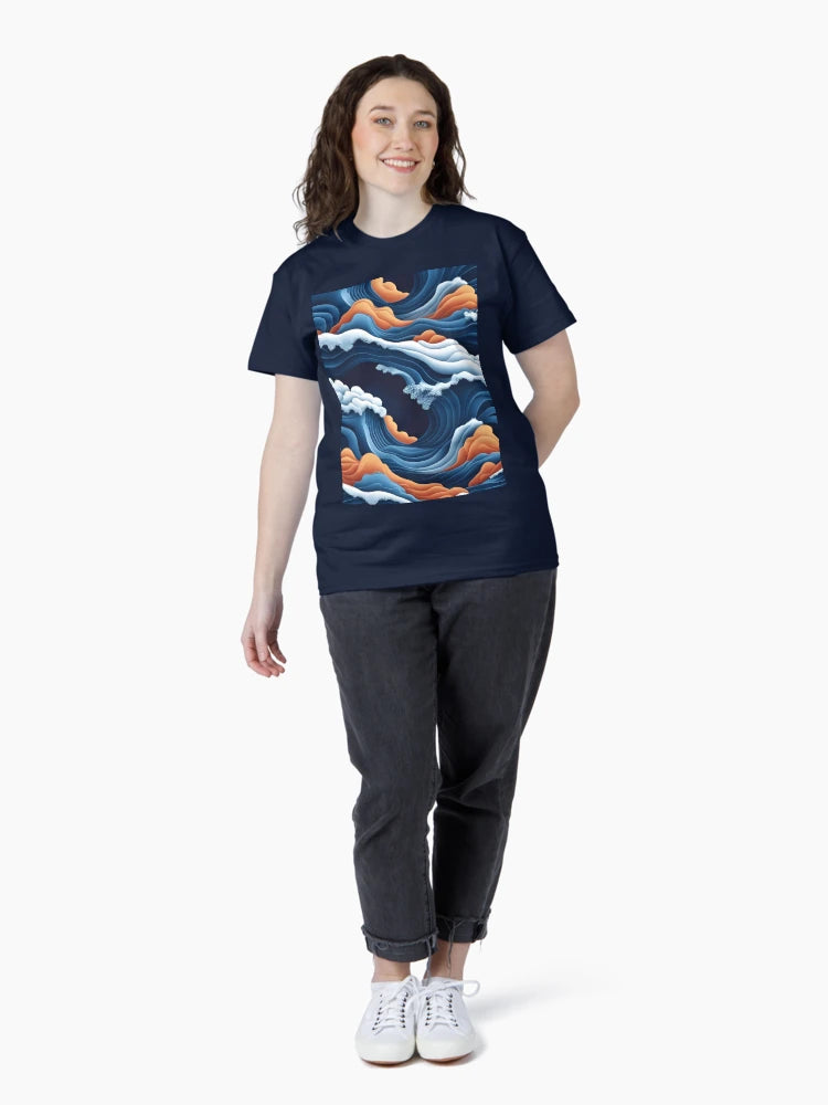 Aesthetic Textured Blue and Orange Wave Design with Sea Foam Accents