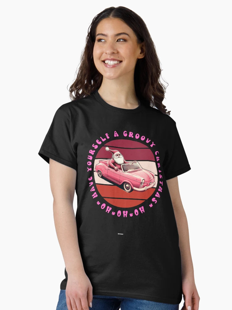HAVE A GROOVY CHRISTMAS  RETRO VINTAGE SANTA CLAUS IN PINK CONVERTIBLE Mid journey Ai Art