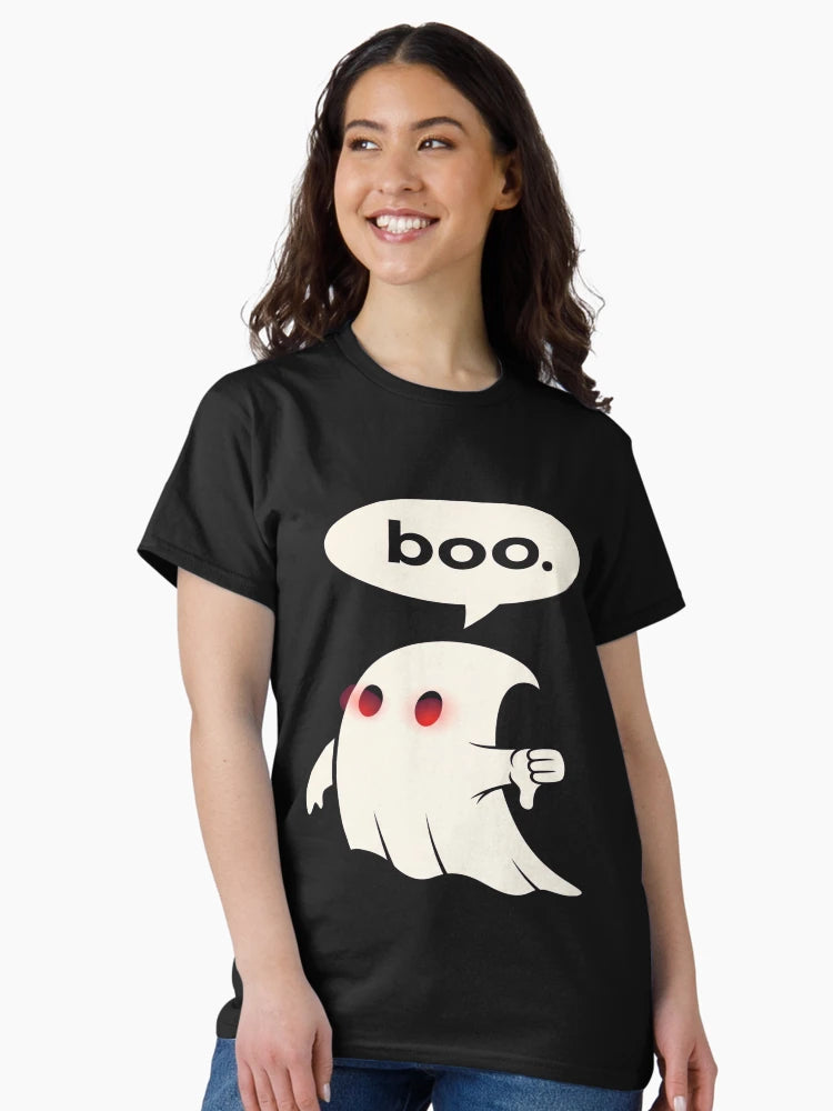 a humorous ghost with glowing red eyes giving a