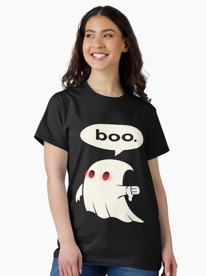 a humorous ghost with glowing red eyes giving a