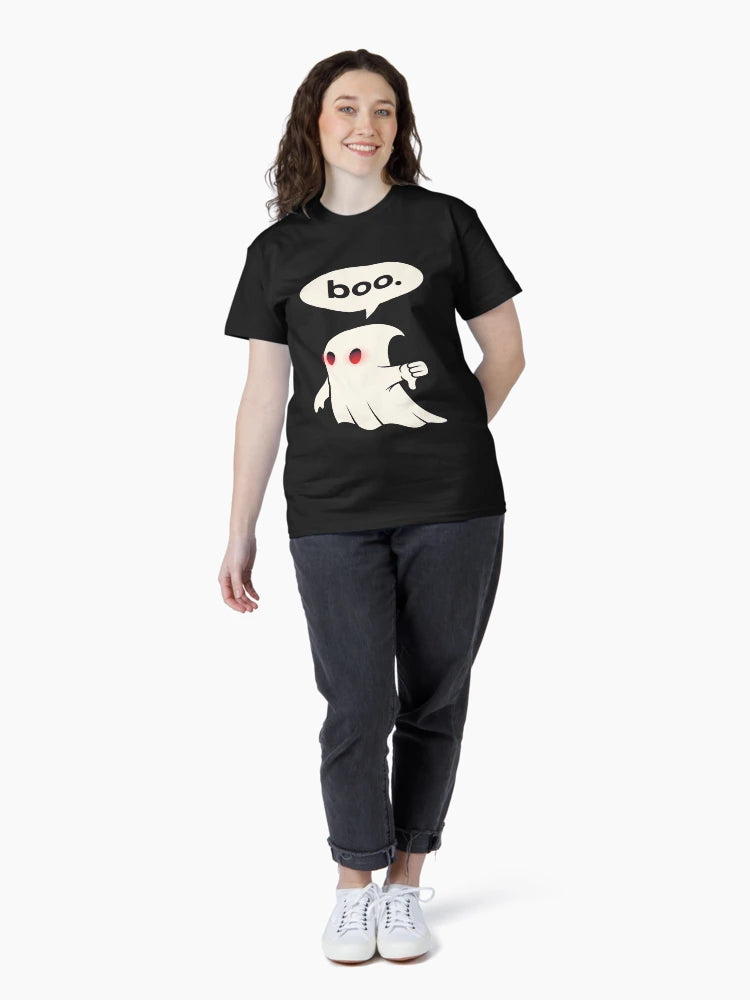 a humorous ghost with glowing red eyes giving a