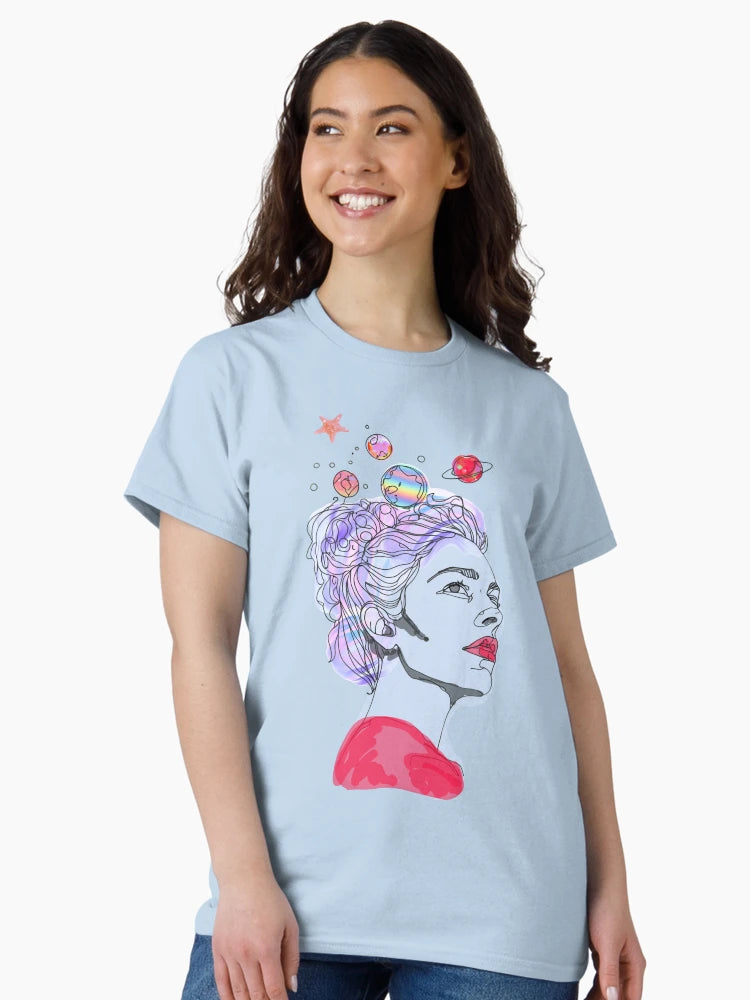 A Woman with Thoughts Orbiting Her Head Like Planets