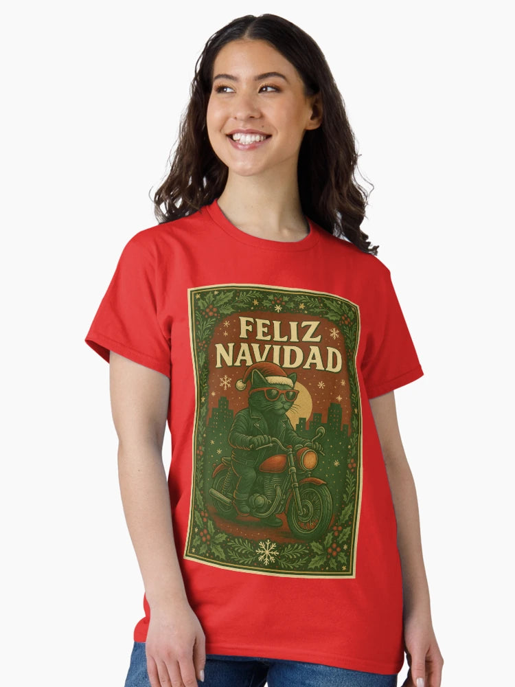 Feliz Navidad – Christmas Biker Cat in Retro Style
