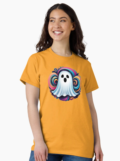 a little ghost with colorful swirls
