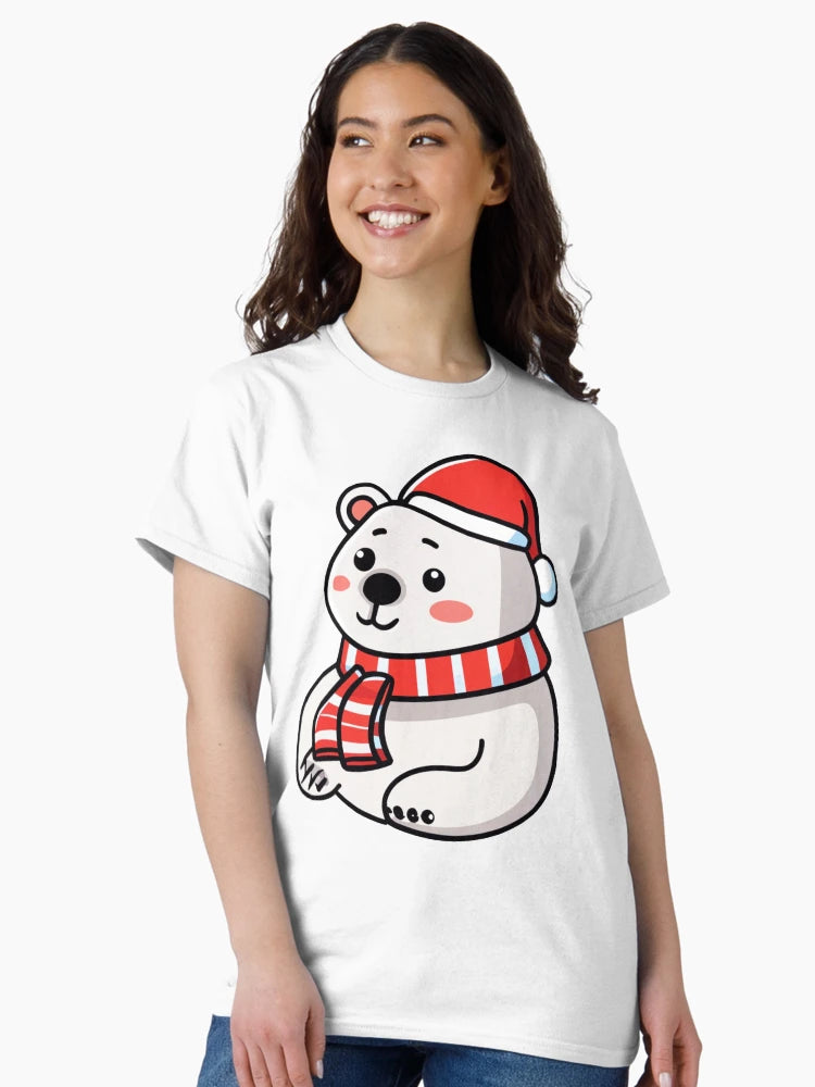 A cute polar bear wearing a Santa hat and scarf