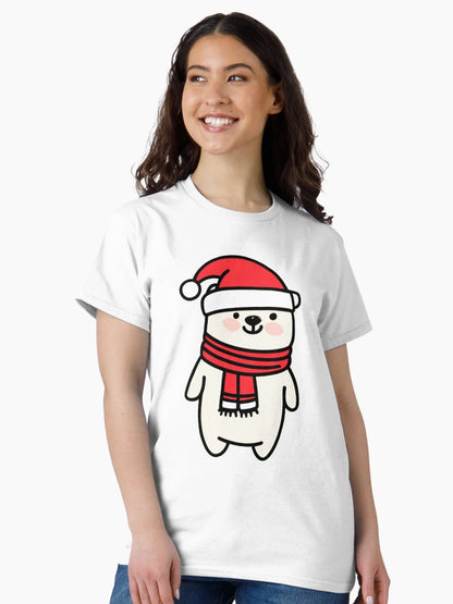 A cute polar bear wearing a Santa hat and scarf