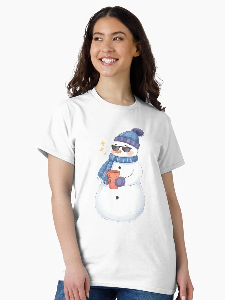 A cool snowman wearing sunglasses and holding a mug of hot cocoa, confident pose, cute sticker design, bold outline, transparent background, winter holiday theme