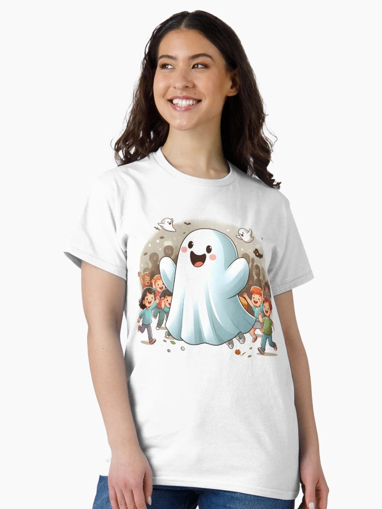 Adorable Friendly Ghost Leading a Halloween Parade of Kids