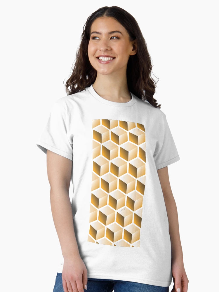 3D GOLD CUBE GEOMETRIC PATTERN on White Background (v1GOLD on WHITE) ©
