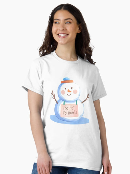 A melting snowman with a silly face and a sign that says “Too Hot To Handle”, cute and funny sticker, cartoon style, transparent background, bold outline