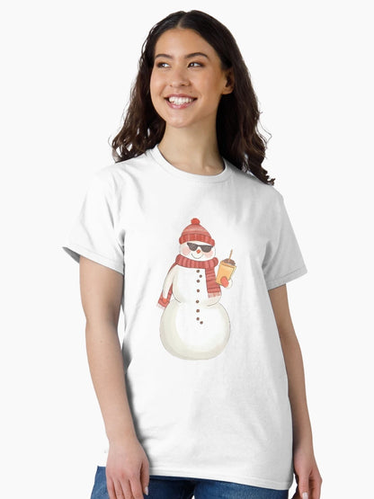 A cool snowman wearing sunglasses and holding a mug of hot cocoa, confident pose, cute sticker design, bold outline, transparent background, winter holiday theme