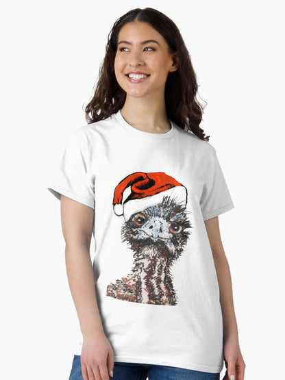 Emu chick wearing red Santa hat.