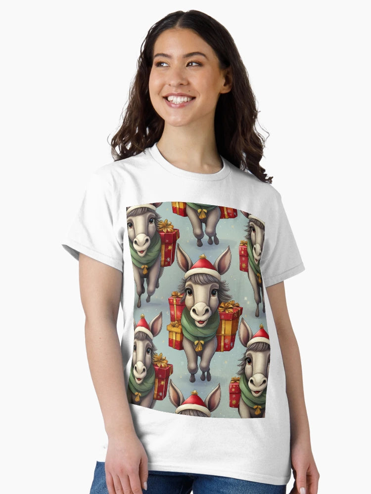 Donkey's Christmas Workshop: A busy pattern featuring donkeys helping Santa Claus deliver gifts.