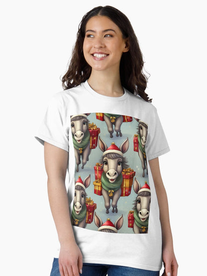 Donkey's Christmas Workshop: A busy pattern featuring donkeys helping Santa Claus deliver gifts.