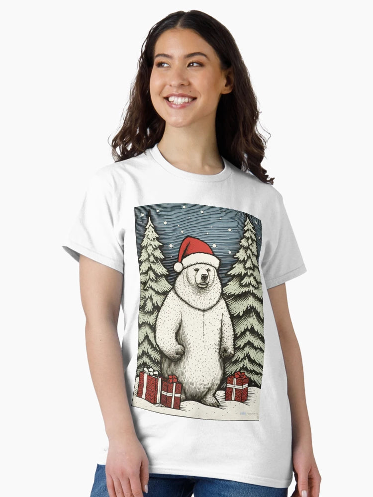 A polar bear wearing Santa hat on a snowy evening