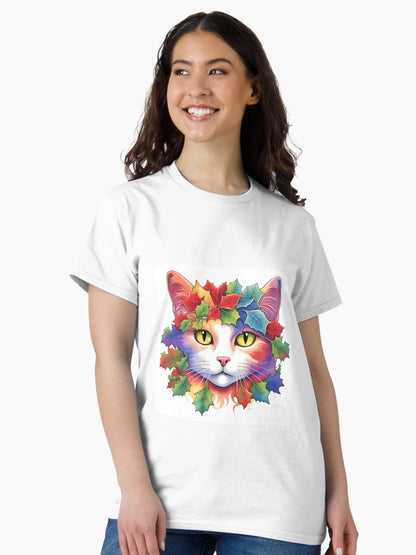 Festive Cat with Rainbow Painted Holly Leaves