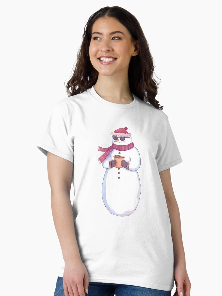 A cool snowman wearing sunglasses and holding a mug of hot cocoa, confident pose, cute sticker design, bold outline, transparent background, winter holiday theme