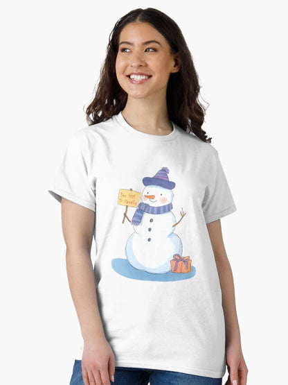 A melting snowman with a silly face and a sign that says “Too Hot To Handle”, cute and funny sticker, cartoon style, transparent background, bold outline