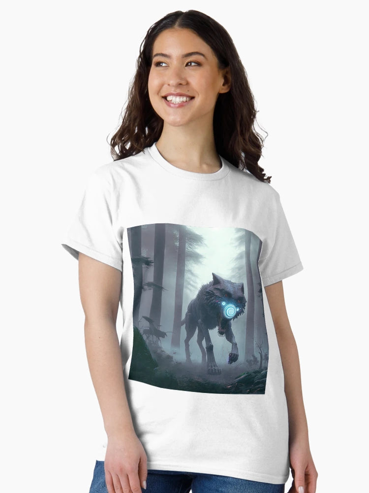 A Cyber Wolf is Running in a Misty Forest