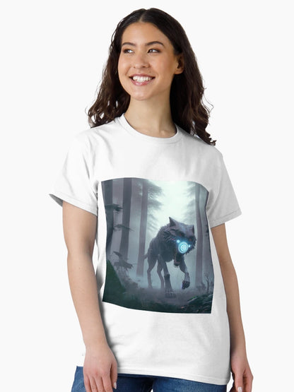 A Cyber Wolf is Running in a Misty Forest