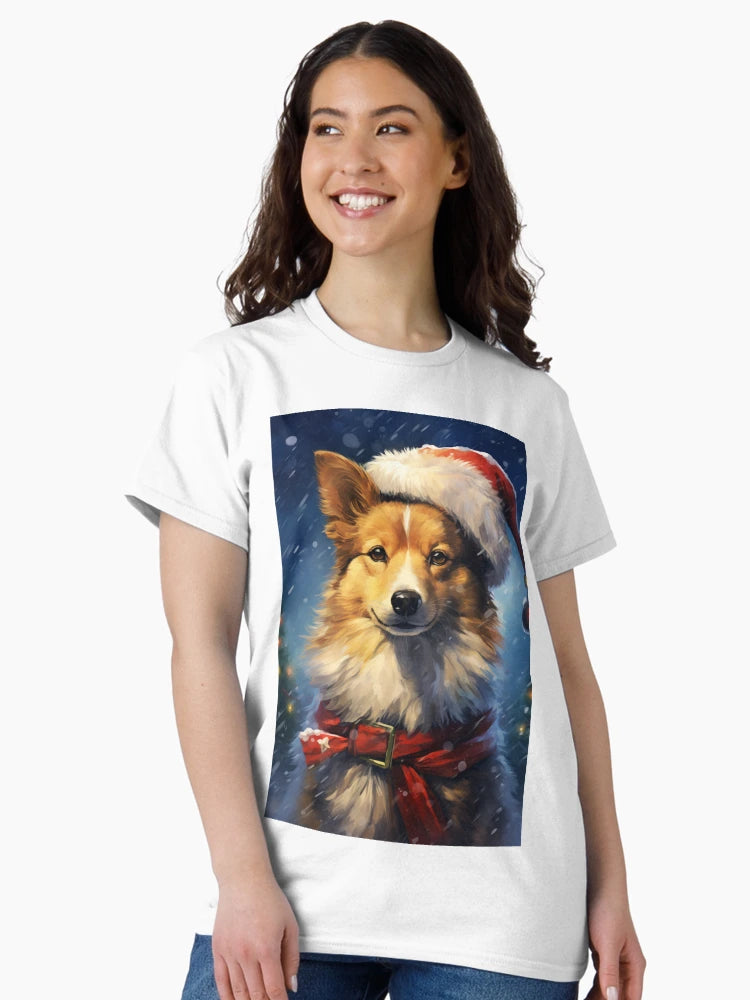 A dog wearing a Santa hat with Christmas lights