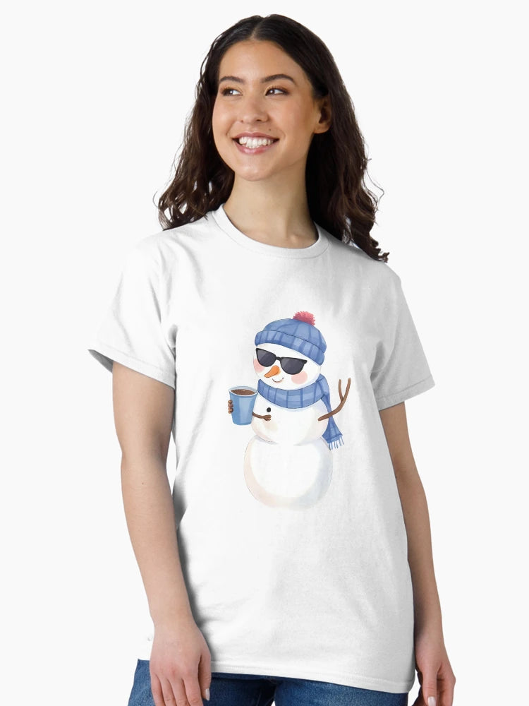 A cool snowman wearing sunglasses and holding a mug of hot cocoa, confident pose, cute sticker design, bold outline, transparent background, winter holiday theme