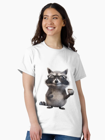 A chubby raccoon wearing oversized glasses, holding a tiny cup of coffee with a smirk