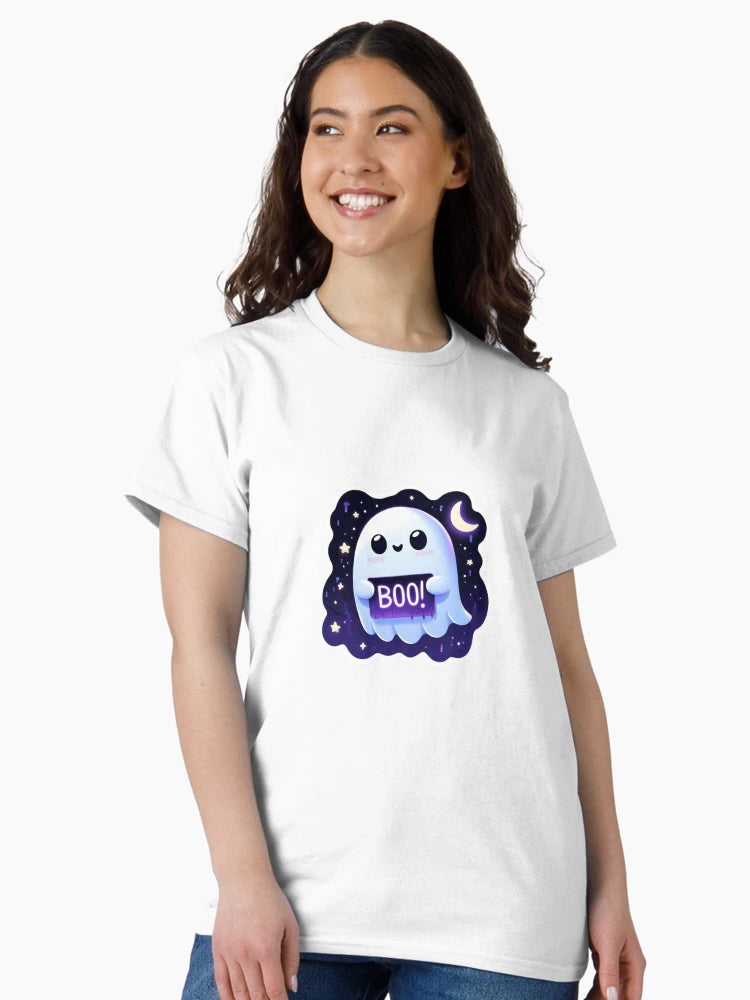 A cute, glowing ghost holding a