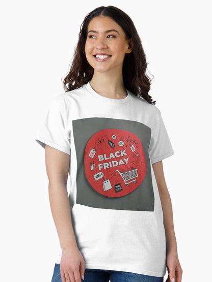 A red circle with a black friday sale sign on it