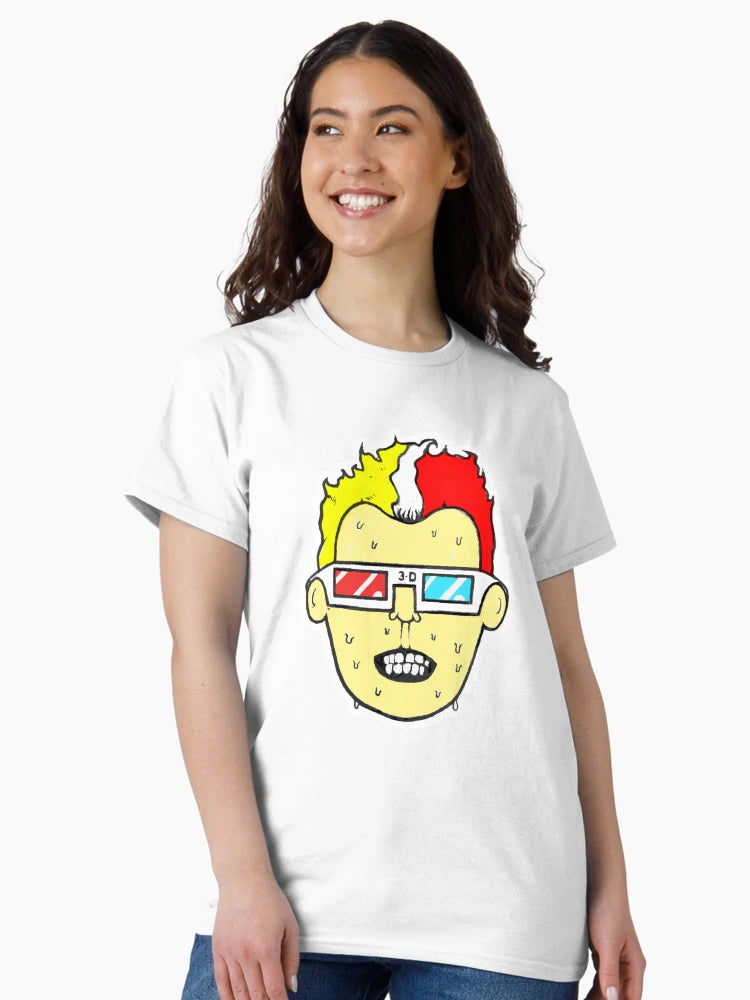 3D glasses wearing sweating cartoon head