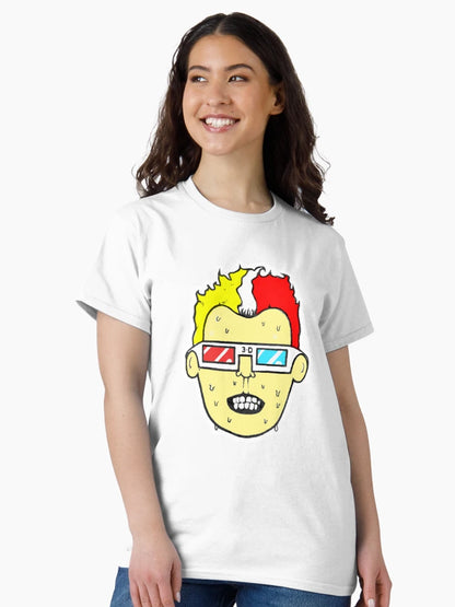 3D glasses wearing sweating cartoon head