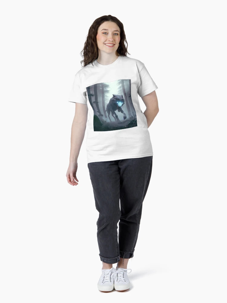 A Cyber Wolf is Running in a Misty Forest