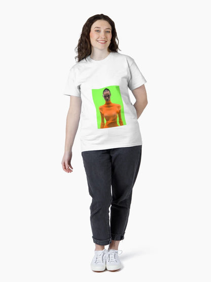 a 3d image of a woman in an orange dress