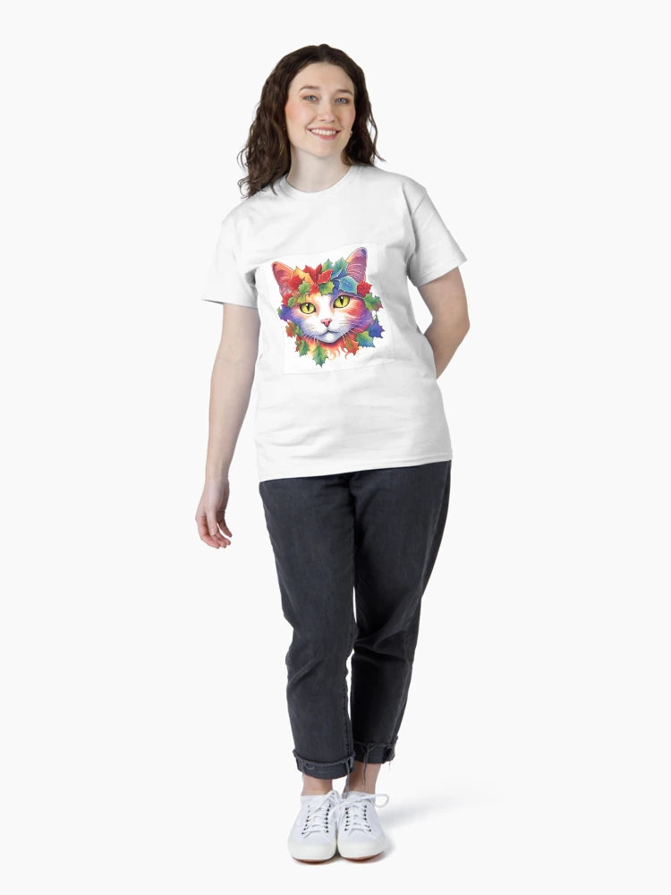 Festive Cat with Rainbow Painted Holly Leaves
