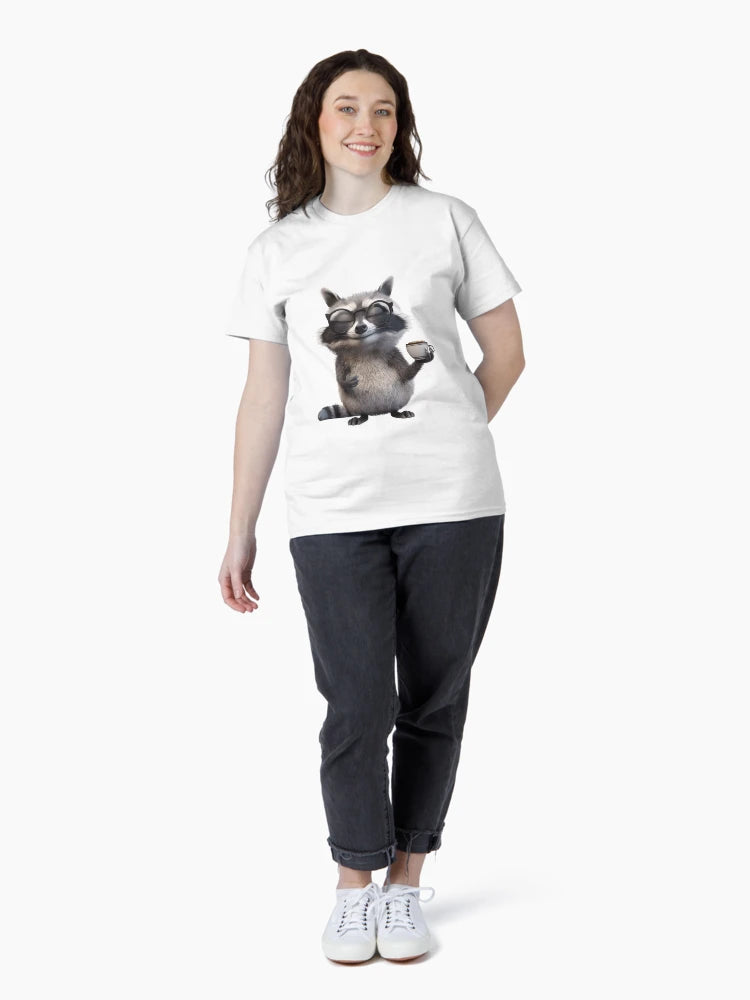 A chubby raccoon wearing oversized glasses, holding a tiny cup of coffee with a smirk