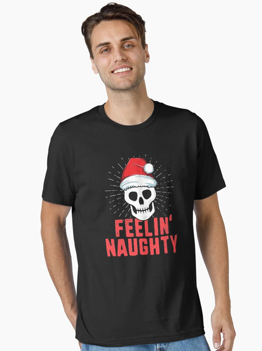 Feelin' Naughty Skull Christmas T-Shirt Santa Hat Adult