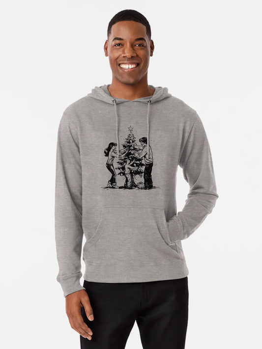 Family Decorating Christmas Tree – Nostalgic Holiday Illustration in Black and White