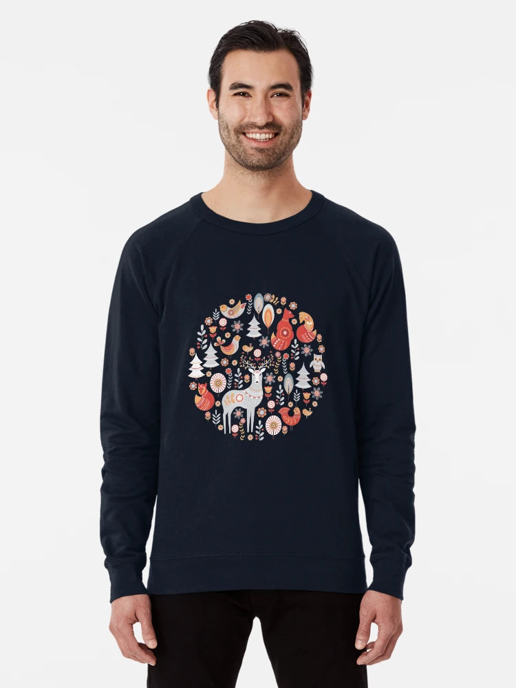 Fairy-tale forest. Foxes, deer, birds, owls,  flowers and herbs on a blue background.