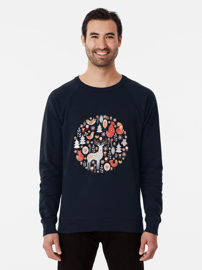 Fairy-tale forest. Foxes, deer, birds, owls,  flowers and herbs on a blue background.