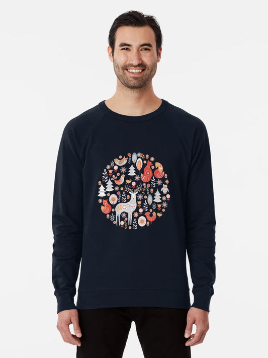 Fairy-tale forest. Foxes, deer, birds, owls,  flowers and herbs on a blue background.