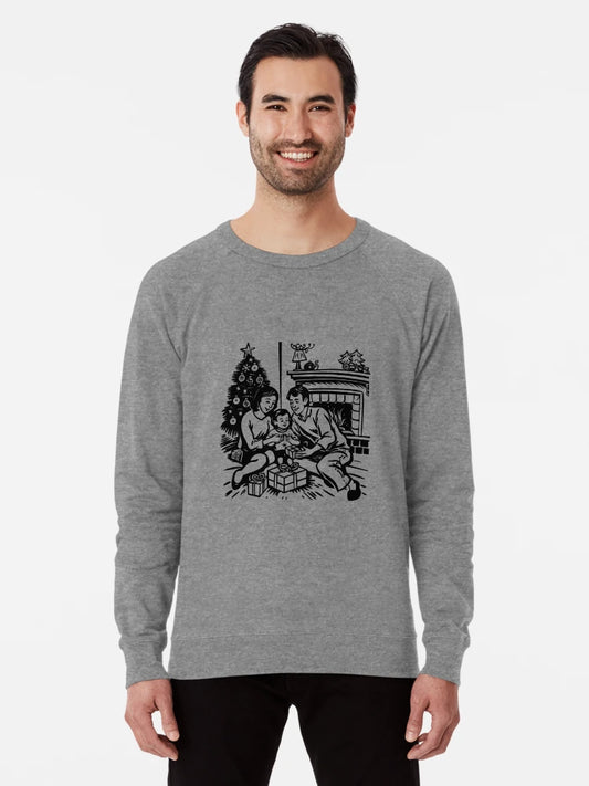 Family Opening Gifts by Fireplace – Nostalgic Christmas Illustration in Black and White