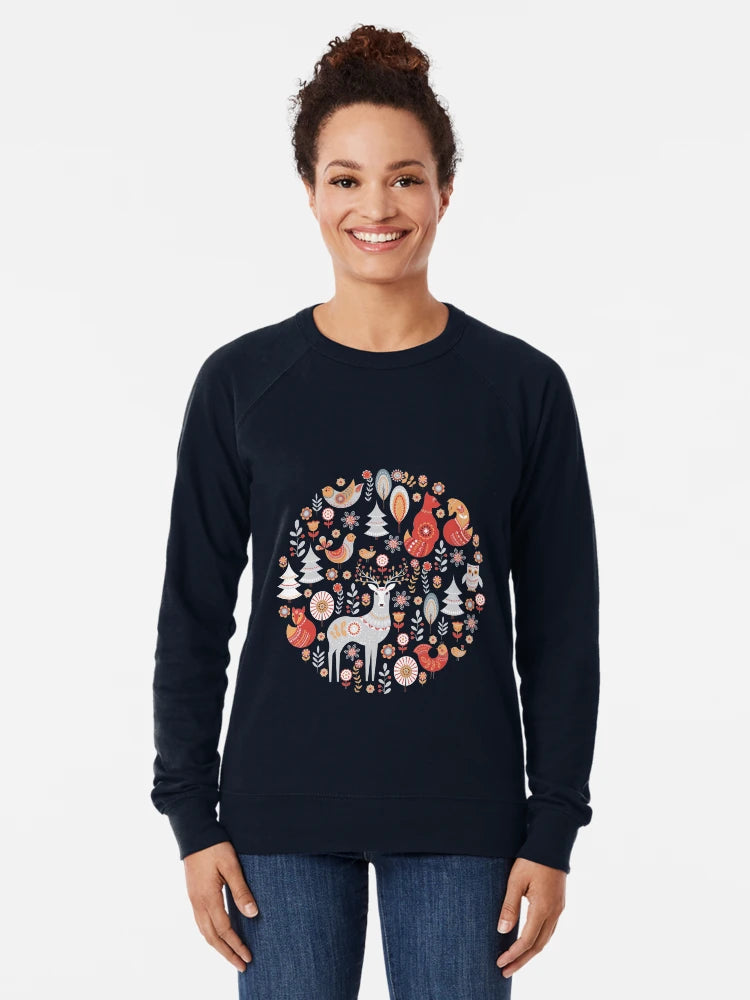 Fairy-tale forest. Foxes, deer, birds, owls,  flowers and herbs on a blue background.
