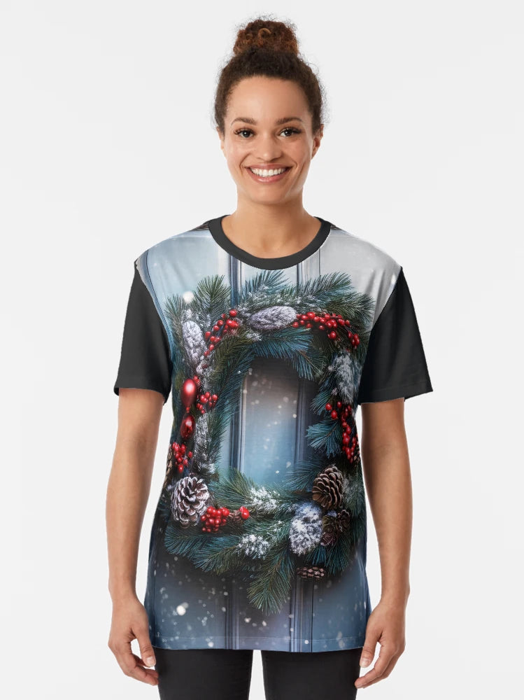 A festive Christmas wreath adorned with red berries, pine cones, and a red bow hangs on a snowy gray door