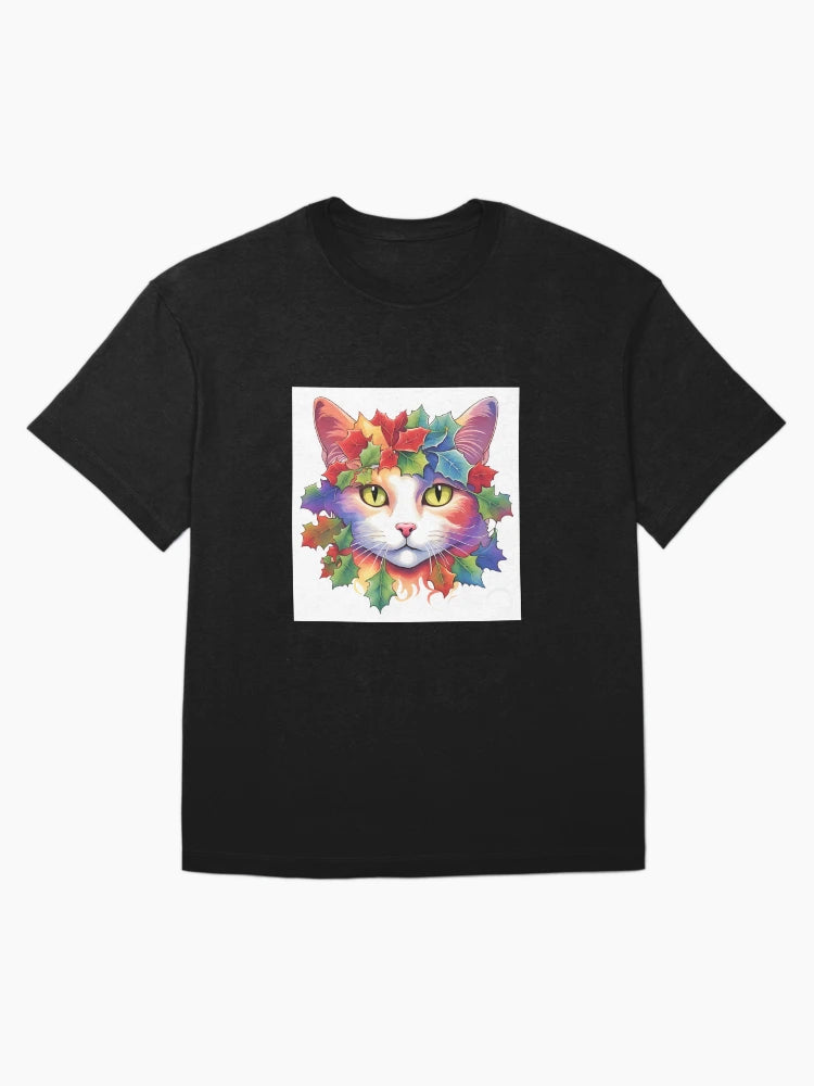 Festive Cat with Rainbow Painted Holly Leaves