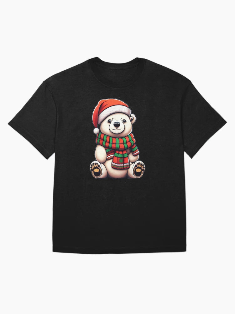 A cute polar bear wearing a Santa hat and scarf