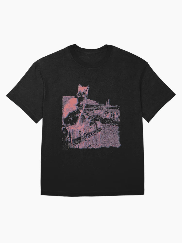 3D Red and Blue Cat Scene | Cat On Fence Post In Country